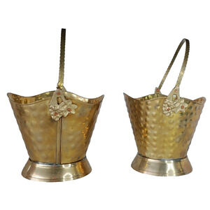 Two Vintage Brass Basket Planters-Hammered 8" tall with Handles India-Used